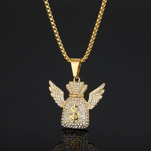 Collier Pendentif Signe Dollar Sac D'argent Ailes Hip Hop En Acier Inoxydable Bijoux Glacés En Strass Pour Hommes Et Femmes
