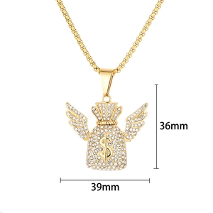 Pendentif sac d'argent hip hop doré avec ailes et cristaux blancs brillants 36mm x 39mm