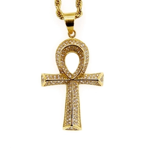 Vintage Gold Plated Stainless Steel Ankh Cross Pendant For Unisex Hip Hop Pave Rhinestone Egyptian Life Of Symbol Jewelry