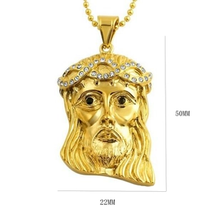 Gold-plated Jesus head pendant necklace with rhinestones and 50mm height measurement