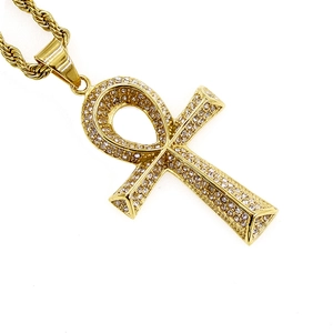 Classic gold-plated Egyptian Ankh cross pendant necklace with sparkling crystal inlay