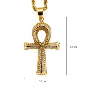 Golden Egyptian Ankh cross pendant with sparkling zircons and rope chain, 5.8x3.6cm