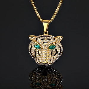 Collier Pendentif Tête de Léopard en Acier Inoxydable 316 Hip Hop Plaqué Or Strass Colliers Animaux pour Hommes Femmes Bijoux