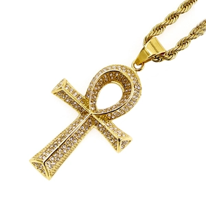Classic gold-plated Ankh cross pendant with pavé cubic zirconia and rope chain