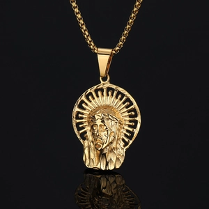 Pendentif Seul Jésus en Acier Inoxydable 316 Vintage Religieux Rayonnement Solaire Couronne d'Épines Bijoux Plaqués Or Unisexe