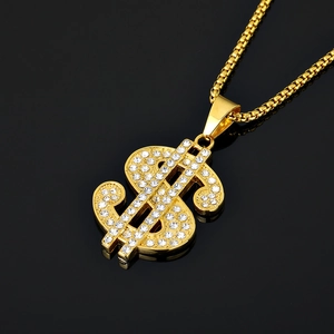 Hip hop gold dollar sign pendant necklace with iced out rhinestones on black background