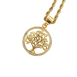 Golden Tree of Life necklace with crystal embellishments and rope chain for women