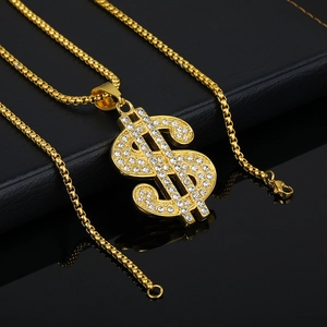 Hip hop gold dollar sign necklace with sparkling crystals and polished square pearl chain