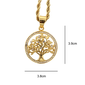 Golden stainless steel Tree of Life necklace with white crystal accents and twist chain