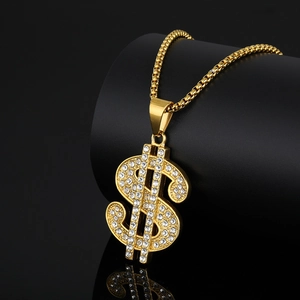 Gold plated hip hop dollar sign pendant necklace with crystals on a box chain