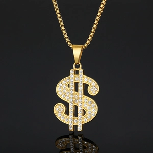 Hip Hop Stainless Steel Dollar Sign Pendant Necklace Gold Plated Rhinestone Iced Out Money Symbol Jewelry For Men Women