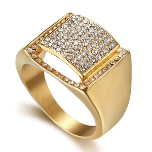 Men's hip hop gold-plated square signet ring with multi-row iced out zircon stones