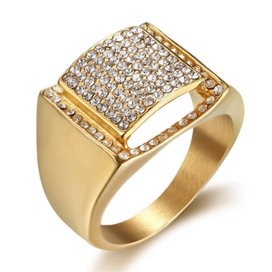 Hip Hop Punk Stainless Steel Square Signet Ring For Men Women Gold Plated Pavé Rhinestone Geometric Iced Out Brushed Ring