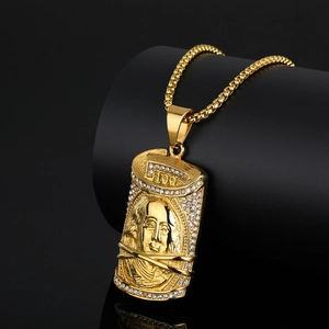 Pendentif dollar hip-hop doré avec relief Franklin et strass brillants sur collier