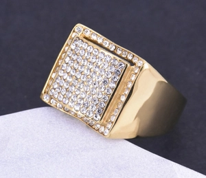 Iced out square signet ring for men in gold finish with micro-paved white zircon stones