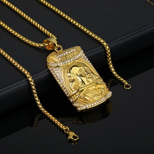 Collier hip hop doré avec pendentif portrait Benjamin Franklin et diamants brillants