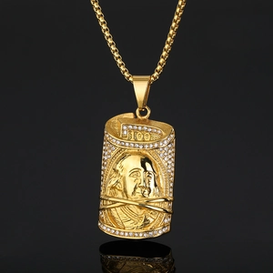 Collier Pendentif Billet de 100 $ Hip Hop en Acier Inoxydable Portrait de Benjamin Franklin avec Strass Chaîne Vénitienne