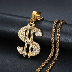 Collier pendentif signe dollar doré style hip-hop avec cristaux et chaîne torsadée