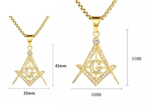 Pendentif maçonnique plaqué or avec cristaux blancs et symbole G en deux tailles