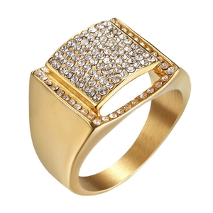 Men's hip hop square ring in gold finish with iced out pave zircon stones