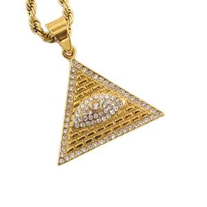 Iced-out gold pyramid All-Seeing Eye pendant necklace with sparkling crystal rhinestones