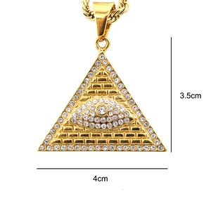 Gold plated stainless steel pyramid evil eye pendant necklace with crystals, 4x3.5cm