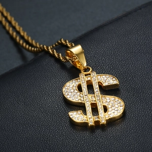 Chaîne torsadée plaquée or hip hop avec pendentif signe dollar serti de cristaux brillants