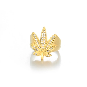 Bague feuille d'érable plaquée or sertie de strass blancs au style hip-hop urbain