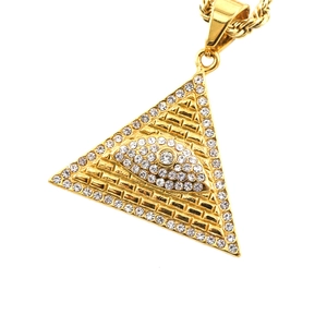 Hip hop gold pyramid all-seeing eye pendant necklace with iced out crystals and rope chain
