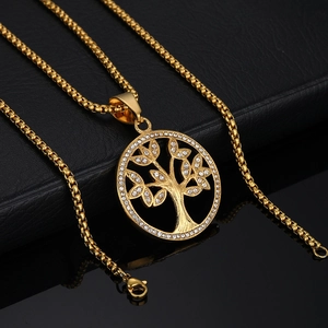 Vintage golden tree of life pendant necklace with zircon crystals on box chain