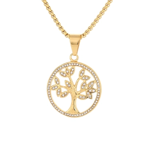 Gold-plated tree of life necklace with pavé cubic zirconia on a square box chain