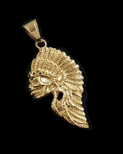 Macro shot of gold plated stainless steel Indian skull pendant with feather detail
