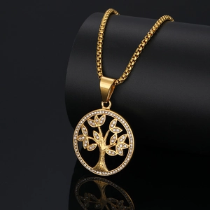Golden Tree of Life necklace with crystal inlay and matching box chain for women