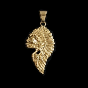 Vintage gold plated stainless steel Indian chief pendant with feathered headdress