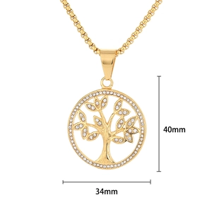 Detailed view of Tree of Life pendant with dimensions 40mm by 34mm in gold finish