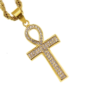 Collana con ciondolo a croce Ankh in oro lucido con zirconi su catena a corda