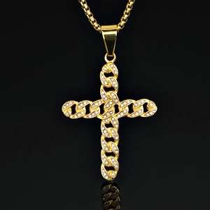 Pendentif Croix Hip Hop Sans Chaîne Acier Inoxydable 316 Plaqué Or Design de Lien Cubain Zircone Bijoux Religieux