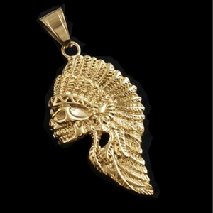 Retro hip-hop gold-plated stainless steel Indian skull pendant with feather headdress