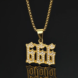 Hip Hop Iced Out Gothic Number 666 Pendant Necklace Stainless Steel Rhinestone Lucky Sign Pendant Only (Without Chain)