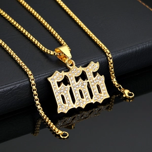 Hip hop 666 lucky symbol gold plated necklace with iced out cubic zirconia pavé