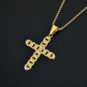 Pendentif croix doré vintage style chaîne cubaine avec des pierres de zircone