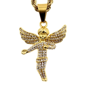 Collana con Ciondolo Angelo Hip Hop Punk Acciaio Inossidabile Placcato Oro Strass Gioielli per Uomo Donna