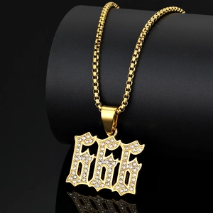 Hip hop 666 gold plated necklace with iced out cubic zirconia and classic box chain