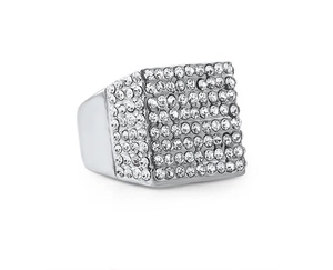 Bague hip hop homme en acier inoxydable argenté avec pavage rectangle en zircon