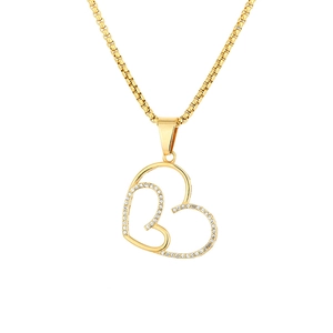 Collana con ciondolo a doppio cuore dorato con strass bianchi e catena a maglia veneziana