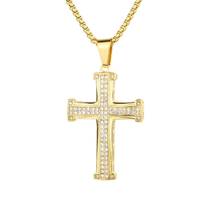 Pendentif croix punk hip-hop en acier titane doré orné de zircons blancs étincelants