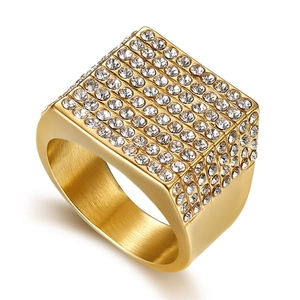 Bague Carrée Hip Hop pour Hommes en Acier Inoxydable Plaqué Or Avec Strass Pavé Bague de Mode Bijoux Accessoire