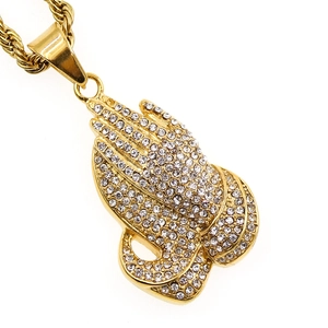 Hip-hop style gold plated praying hands pendant with crystals on a rope chain