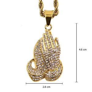 Gold-plated hip hop praying hands pendant necklace with sparkling white zircons