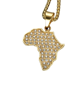 Hip hop style gold plated Africa map pendant necklace fully paved with white rhinestones